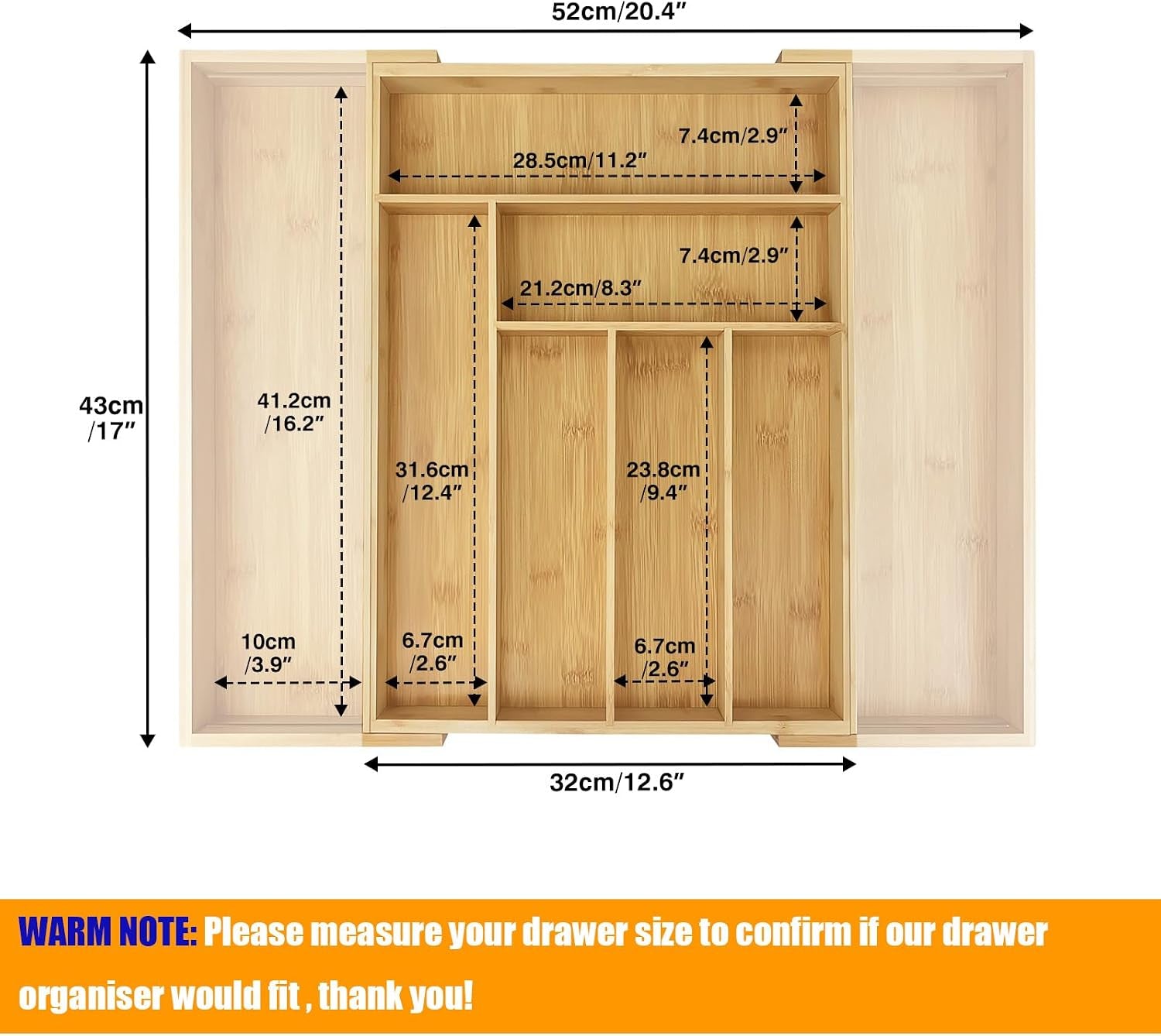 Cutlery Tray Bamboo Drawer Organiser Expandable from 32 X 43Cm to 52 X 43Cm, 5Cm Depth, Waterproof Utensil Holder 6 to 8 Separate Slots for Kitchen, Bedroom, Office