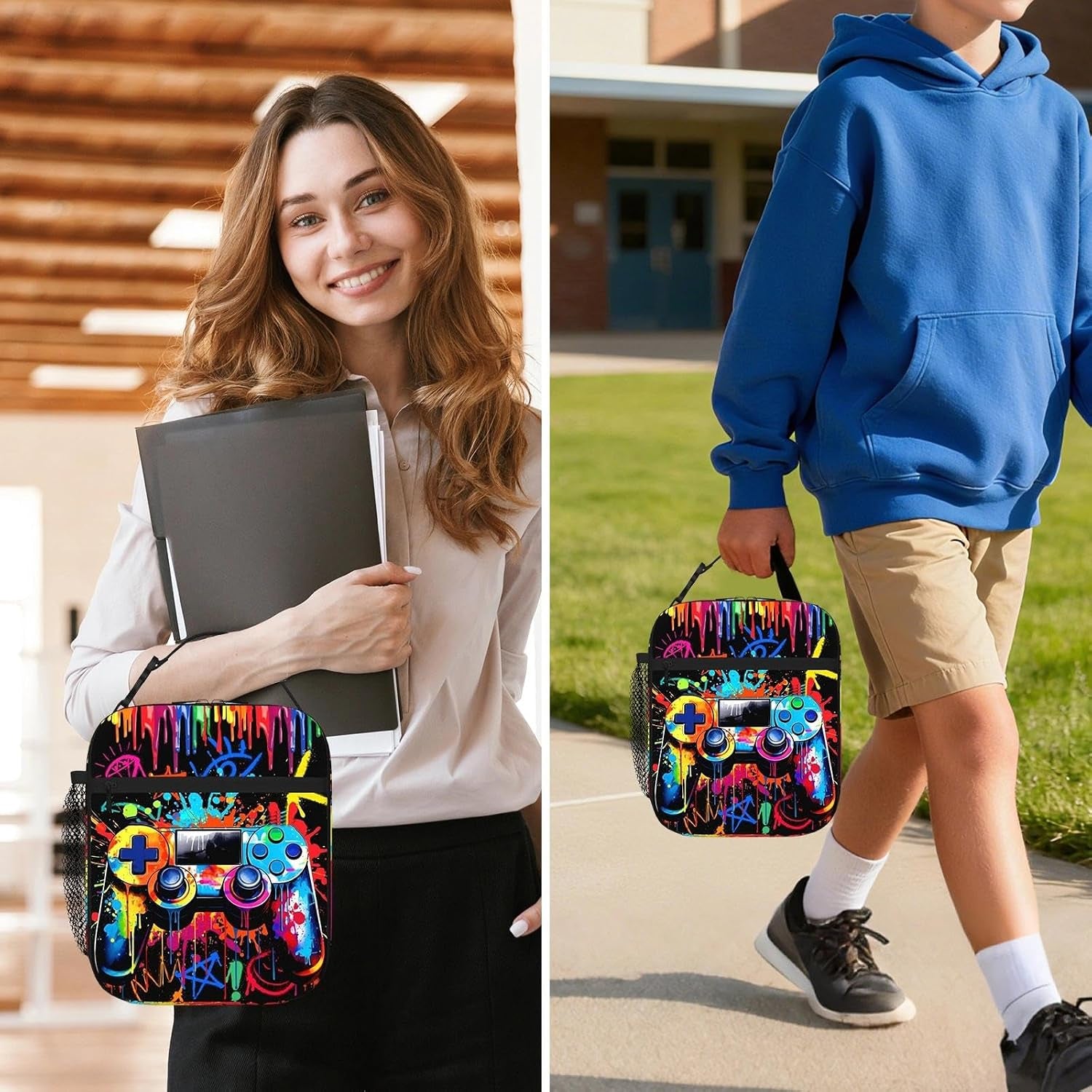 Game Boys Lunch Bag, Graffiti Style Kids Lunch Box, Reusable and Waterproof Lunchbox for Boys, Insulated Lunchbag with Mesh Bag for School, Travel, Picnic (B)