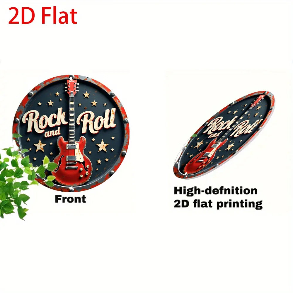 2D Flat - 1Pc Retro Rock 'N' Roll Aluminum Tin Sign Wall Art - 8X8 Inch Vintage round Metal Plaque with Red Electric Guitar & St