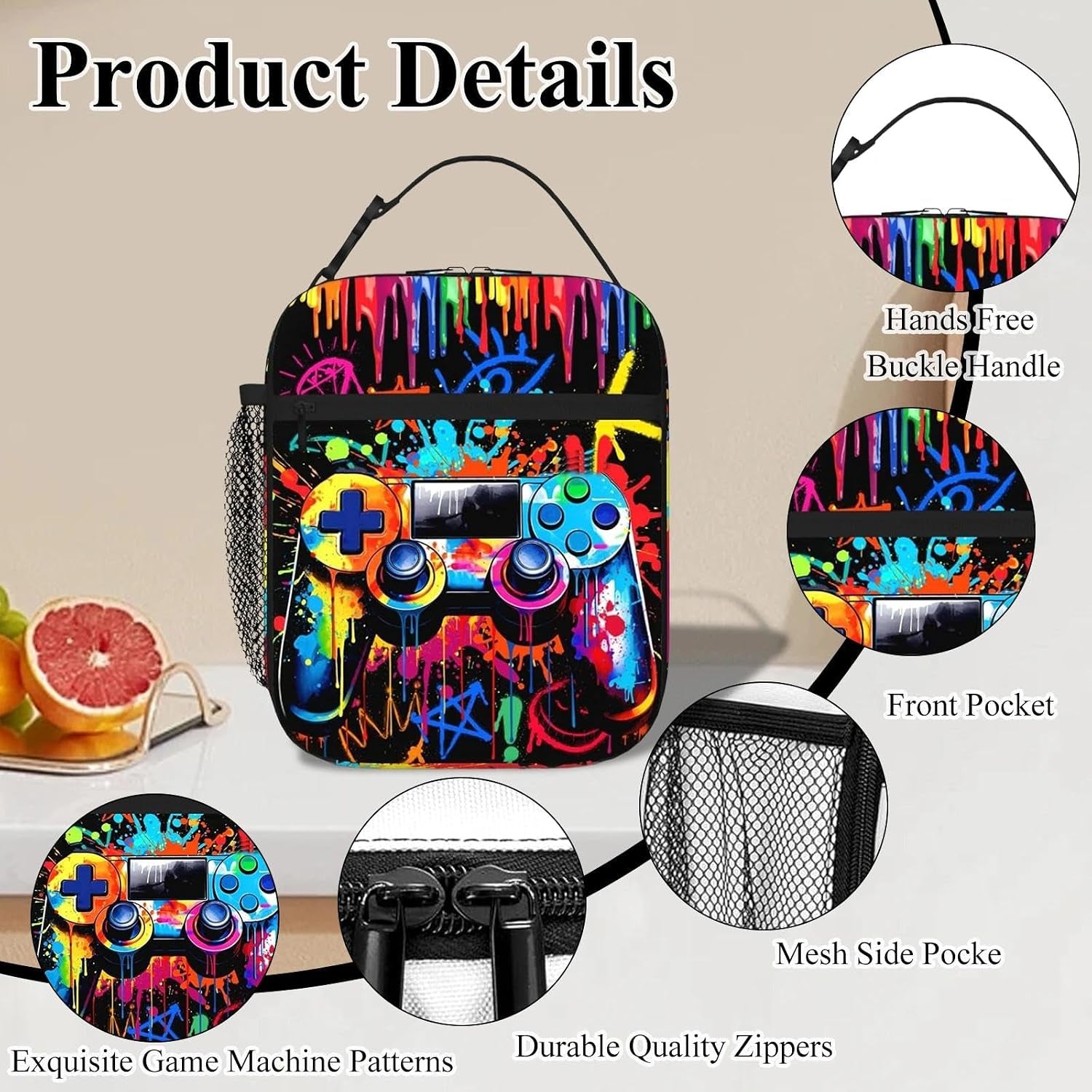Game Boys Lunch Bag, Graffiti Style Kids Lunch Box, Reusable and Waterproof Lunchbox for Boys, Insulated Lunchbag with Mesh Bag for School, Travel, Picnic (B)