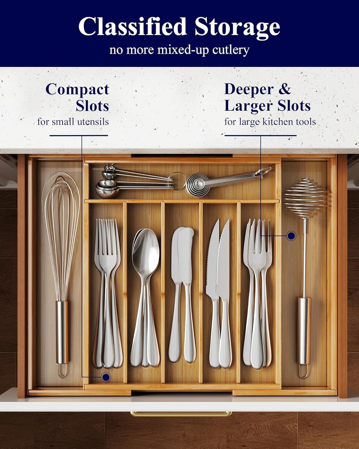 Silverware Organizer - Expandable Bamboo Kitchen Drawer Organizer, Adjustable Cutlery Tray for Kitchen Storage & Organisation, 33.6 X 4.5 X 29.0-47.0 Cm