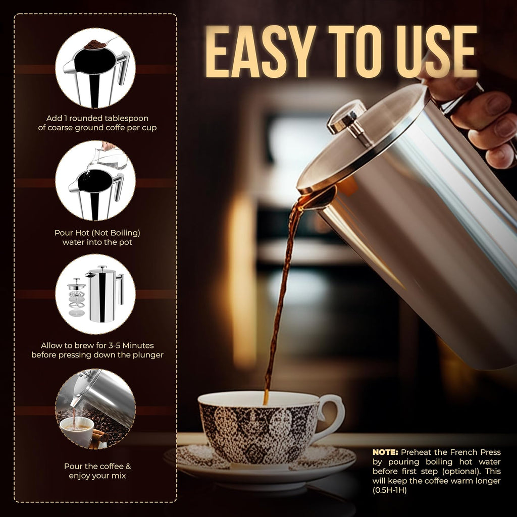 French Press Coffee Maker, 1 Litre (8 Cups) Double Wall Stainless Steel Cafetiere, Silver – Insulated Coffee Press (Pack of 1)