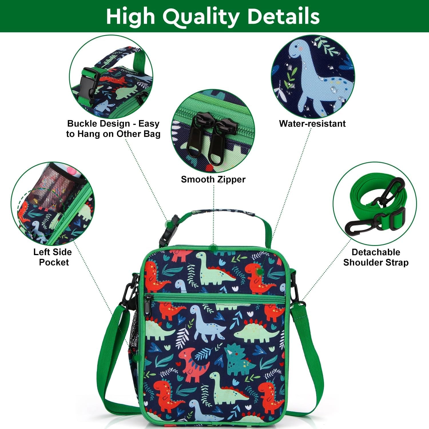 Kids Lunch Bag, Reusable Lunch Bag with Adjustable Strap, Insulated Picnic Bag (Dinosaur)