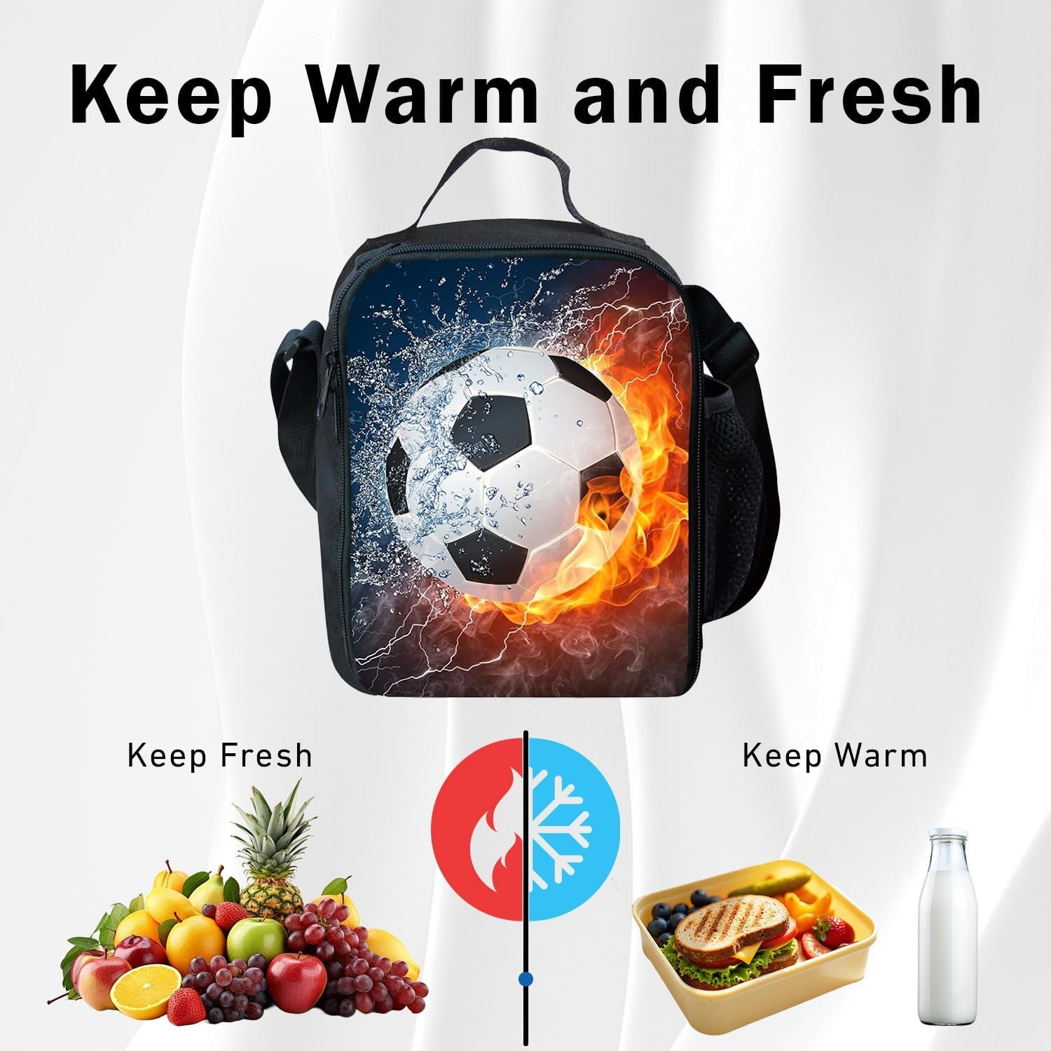 Football Lunch Box, Portable Insulated Lunch Bag Kids Lunch Box Bag, Waterproof Leakproof Thermal Cooler Bags for School Picnic Travel Hiking, 25X19X8Cm