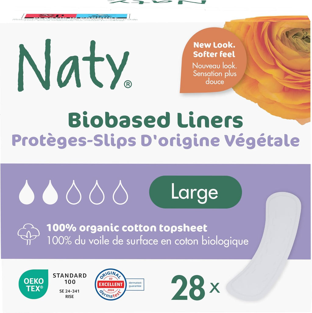 Panty Liners Large Wrapped | 100% Certified Organic Cotton Top Sheet| Certified Skin-Safe | Unscented, 0% Conventional Plastic | Comfortable & Breathable | 28 Liners