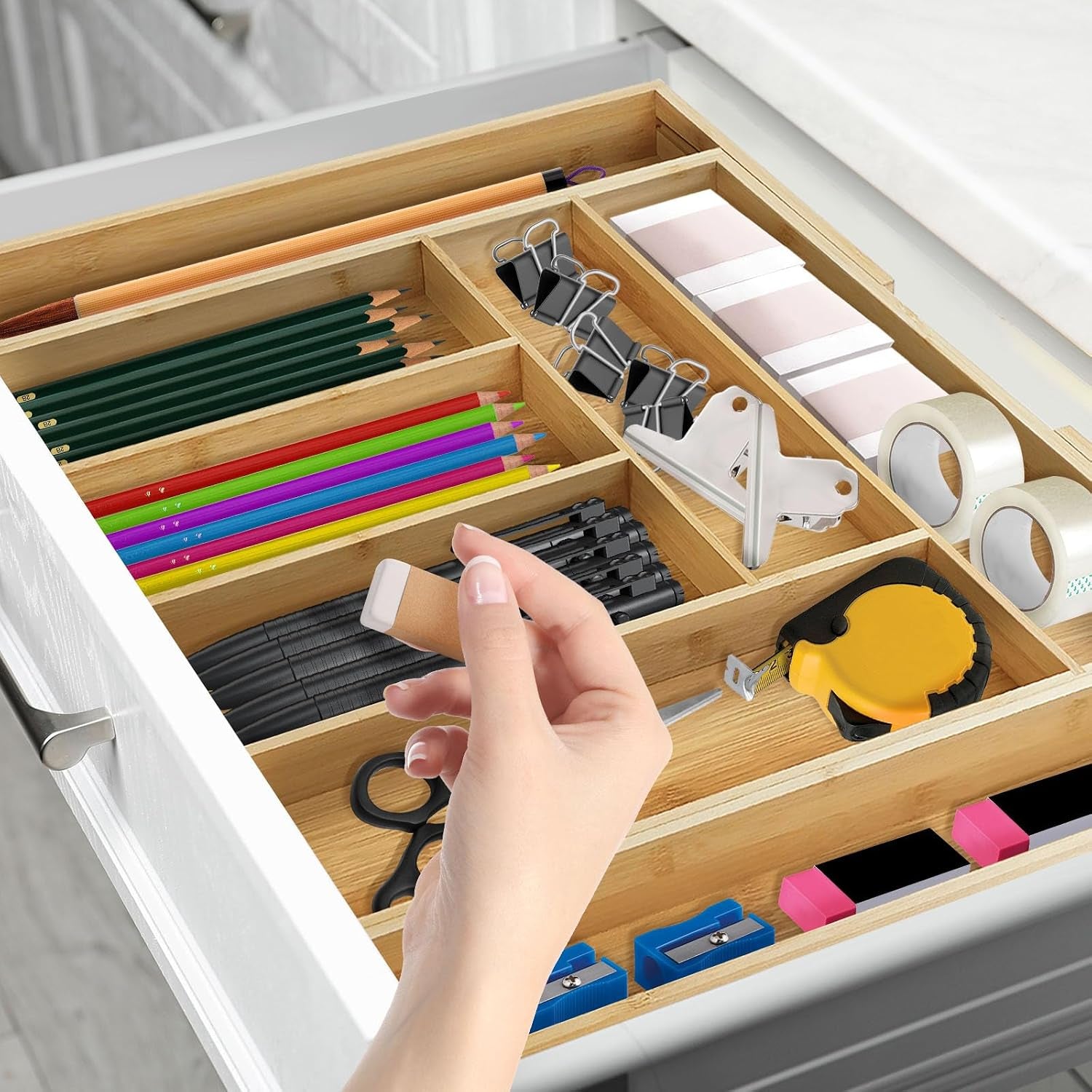 Cutlery Tray Bamboo Drawer Organiser Expandable from 32 X 43Cm to 52 X 43Cm, 5Cm Depth, Waterproof Utensil Holder 6 to 8 Separate Slots for Kitchen, Bedroom, Office