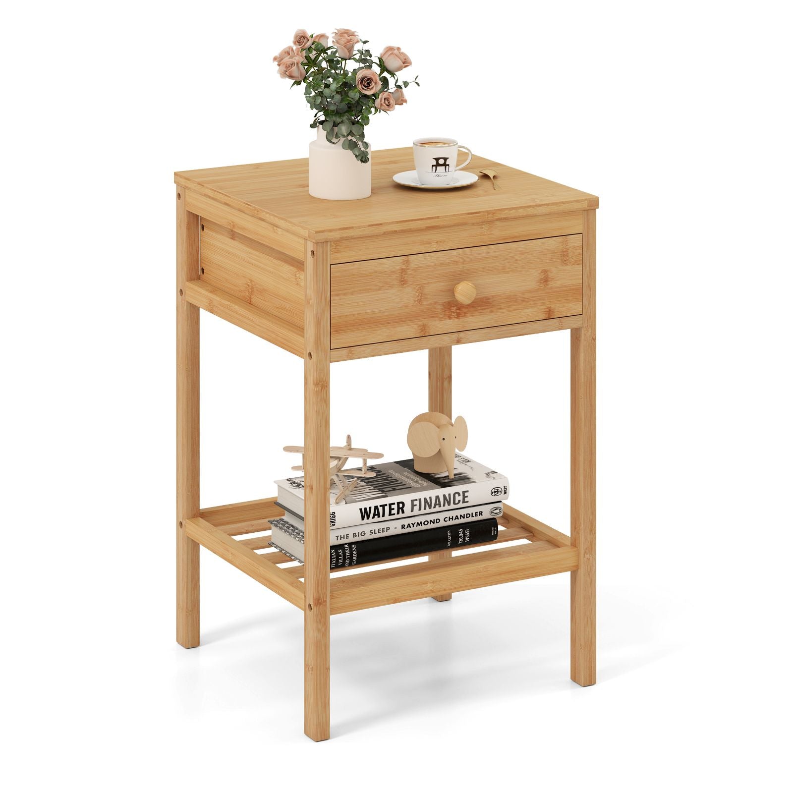 Bamboo Nightstand Bedside Table with Storage Drawer and Open Shelf