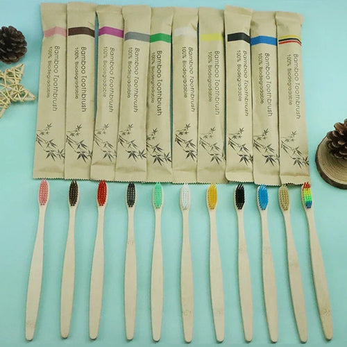 10Pcs Colorful Natural Bamboo Toothbrush Soft Bristle Charcoal Teeth Whitening Soft Dental Oral Care