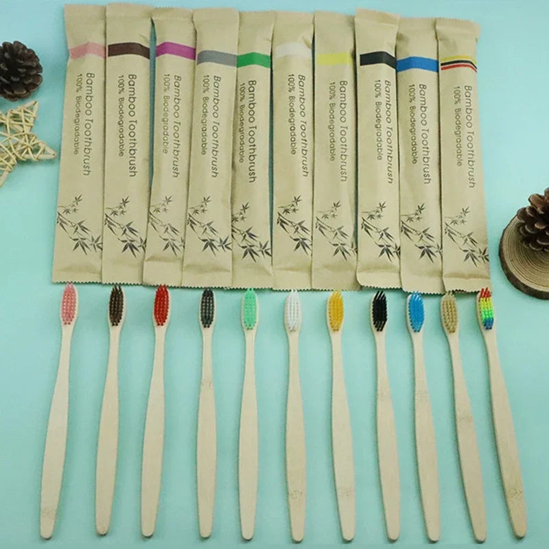 10Pcs Colorful Natural Bamboo Toothbrush Soft Bristle Charcoal Teeth Whitening Soft Dental Oral Care