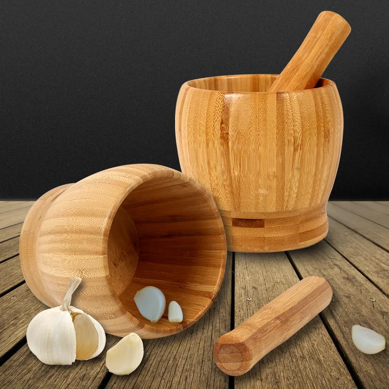 Traditional Bamboo Mortar and Pestle Set Garlic Grinder Herb Spice Masher Seasoning Crusher Kitchen Tool for Mash Spices Pepper