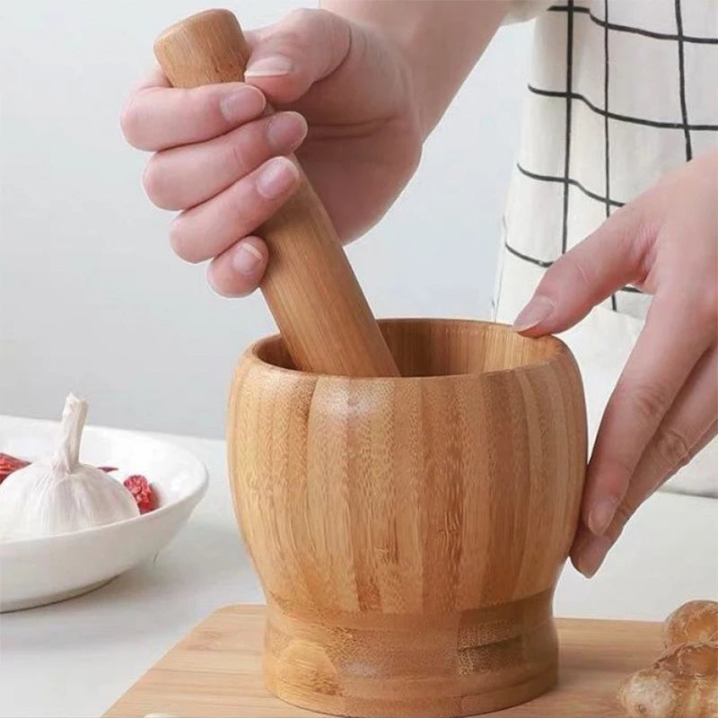 Traditional Bamboo Mortar and Pestle Set Garlic Grinder Herb Spice Masher Seasoning Crusher Kitchen Tool for Mash Spices Pepper