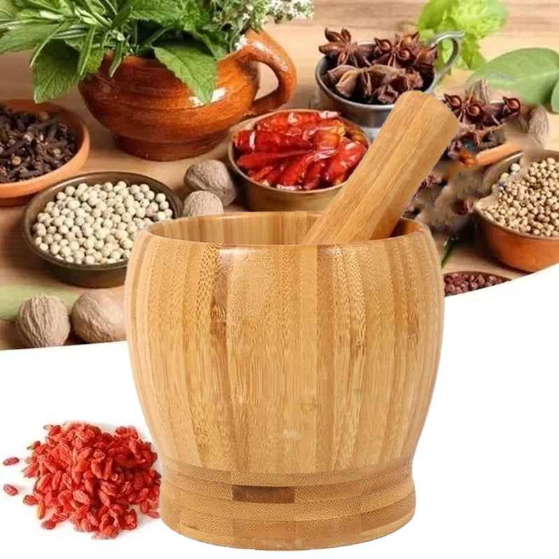 Traditional Bamboo Mortar and Pestle Set Garlic Grinder Herb Spice Masher Seasoning Crusher Kitchen Tool for Mash Spices Pepper