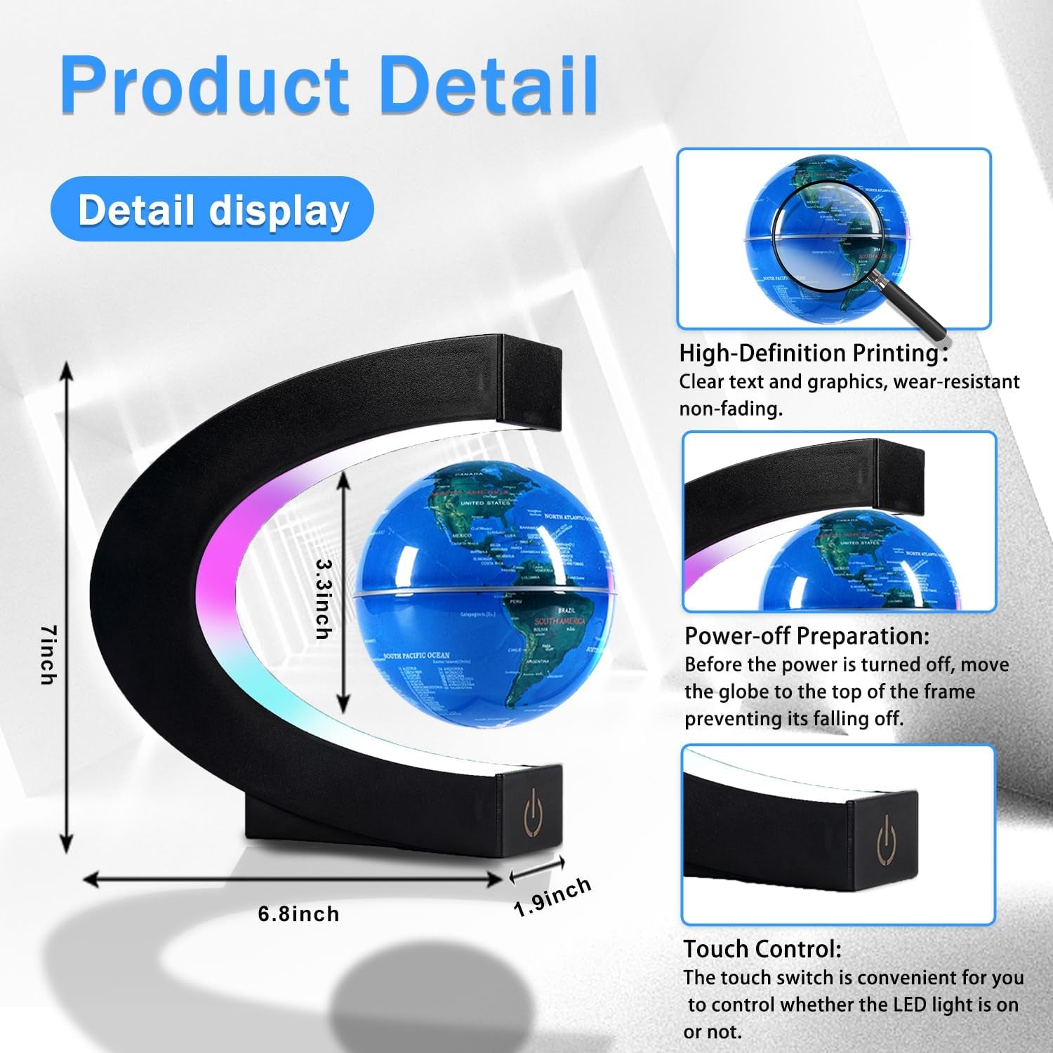 Magnetic Levitation Floating Globe, Levitating C Shape with LED Lights Touch Control for Educational Home Office Decor, Anniversary Creative Gift(3.3 Inches Globe)