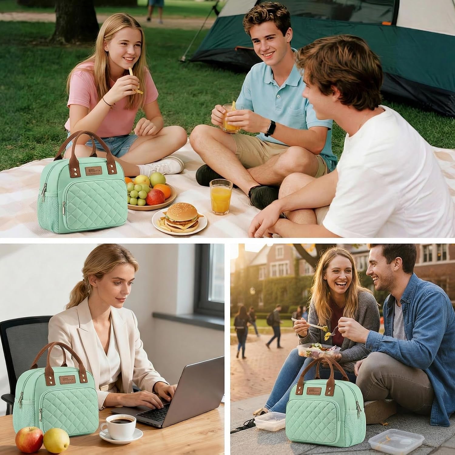 Insulated Lunch Bag for Women Men Work Adult Cool Bag Lunch Box Container Ladies Lunch Tote (Green)