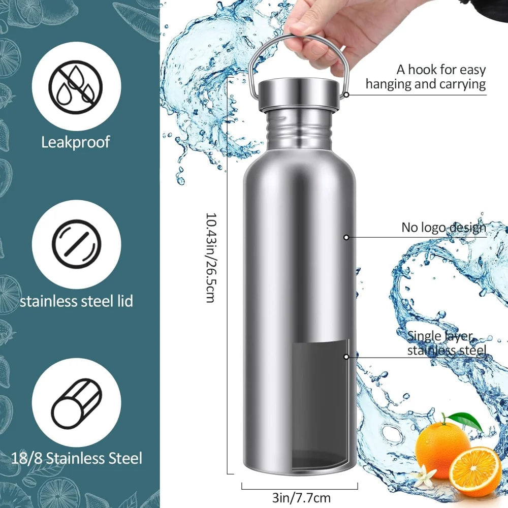 1000ML Stainless Steel Water Bottle, Non-Insulated Single-Wall, Dishwasher Safe, Plastic-Free 304 Metal Water Bottle, Wide-Mouth