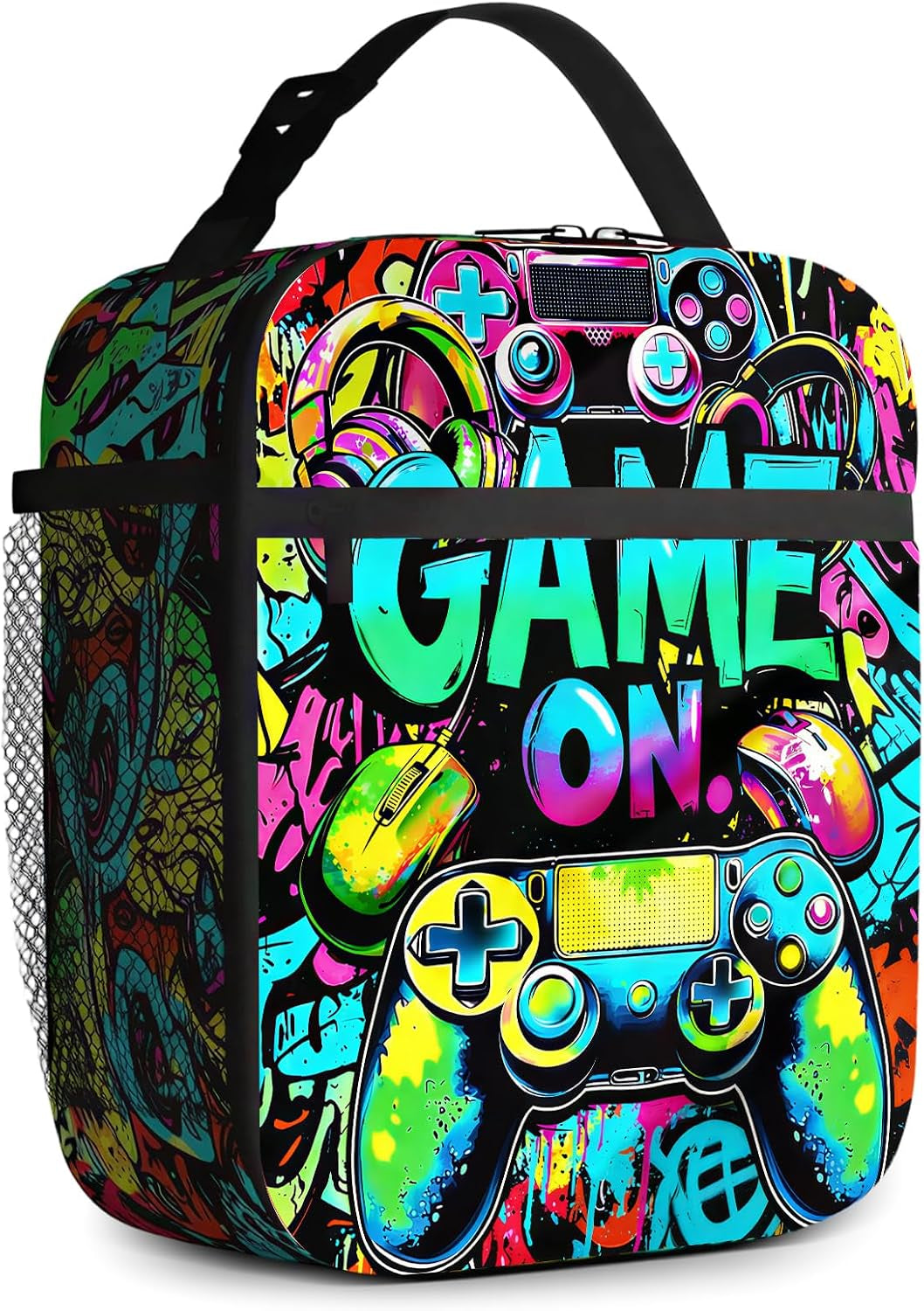 Game Boys Lunch Bag, Graffiti Style Kids Lunch Box, Reusable and Waterproof Lunchbox for Boys, Insulated Lunchbag with Mesh Bag for School, Travel, Picnic (B)