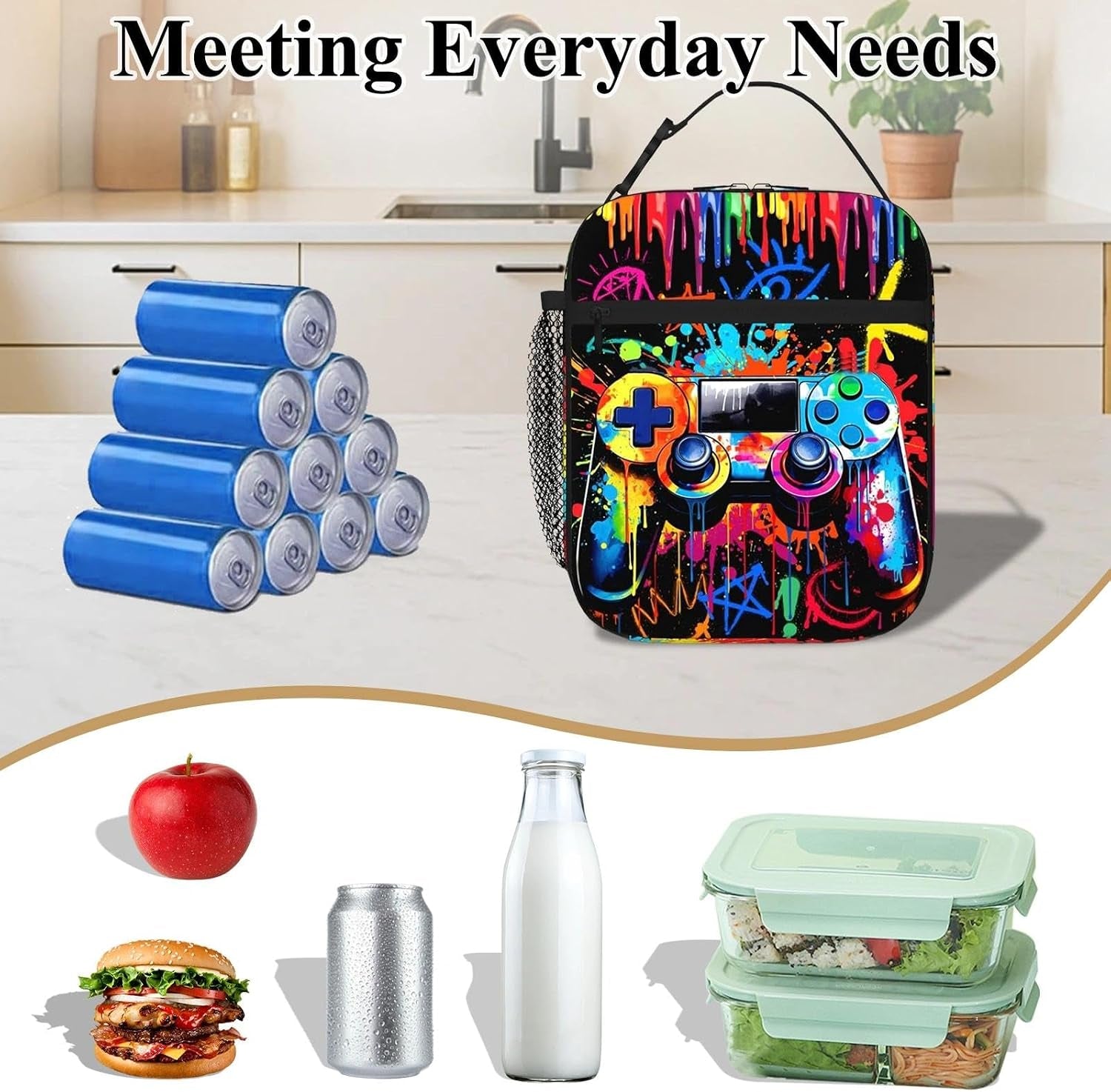 Game Boys Lunch Bag, Graffiti Style Kids Lunch Box, Reusable and Waterproof Lunchbox for Boys, Insulated Lunchbag with Mesh Bag for School, Travel, Picnic (B)