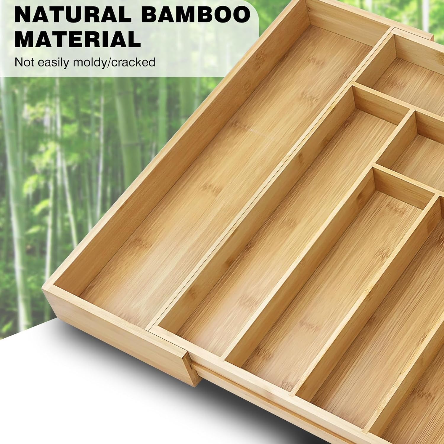Cutlery Tray Bamboo Drawer Organiser Expandable from 32 X 43Cm to 52 X 43Cm, 5Cm Depth, Waterproof Utensil Holder 6 to 8 Separate Slots for Kitchen, Bedroom, Office