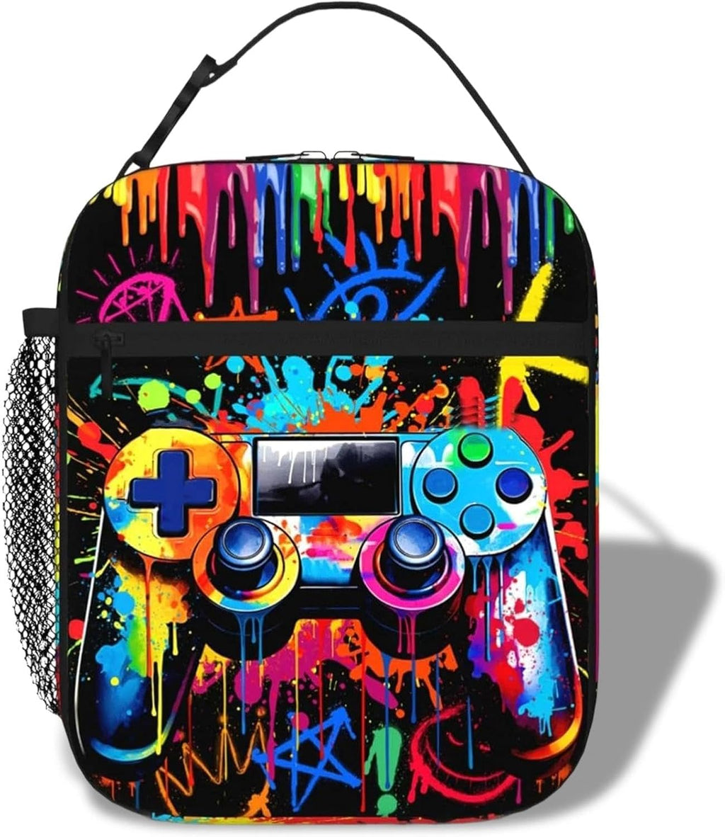 Game Boys Lunch Bag, Graffiti Style Kids Lunch Box, Reusable and Waterproof Lunchbox for Boys, Insulated Lunchbag with Mesh Bag for School, Travel, Picnic (B)