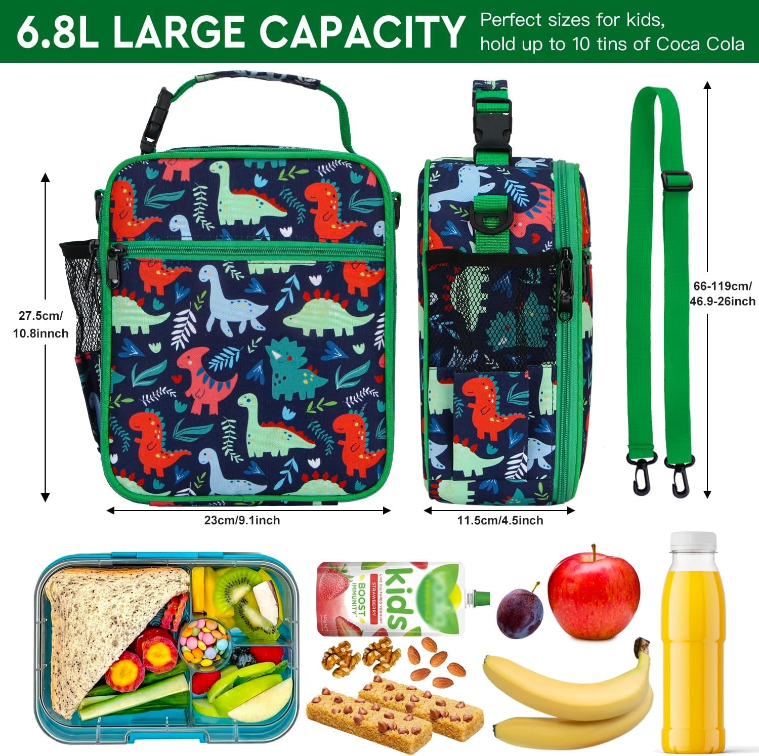 Kids Lunch Bag, Reusable Lunch Bag with Adjustable Strap, Insulated Picnic Bag (Dinosaur)