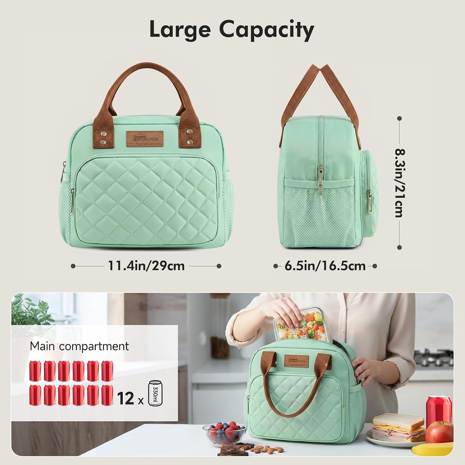Insulated Lunch Bag for Women Men Work Adult Cool Bag Lunch Box Container Ladies Lunch Tote (Green)