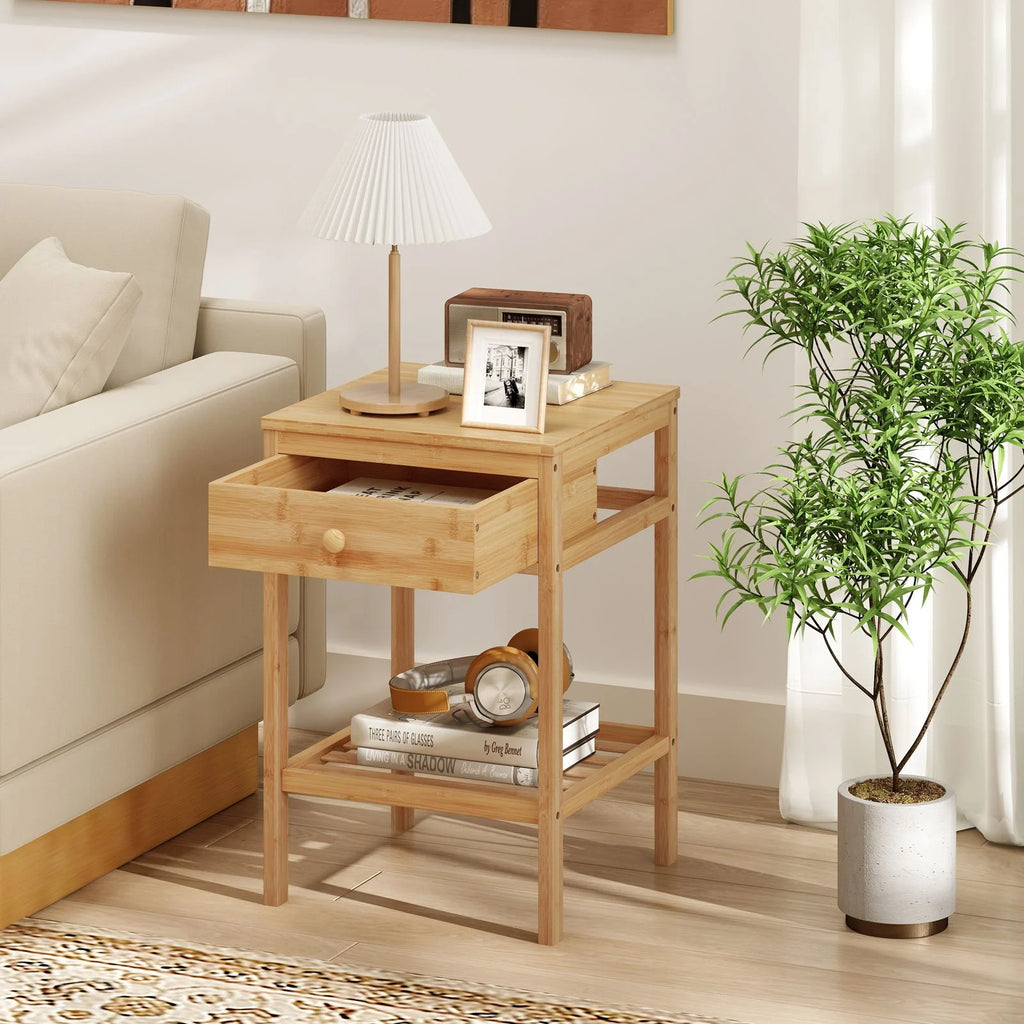 Bamboo Nightstand Bedside Table with Storage Drawer and Open Shelf