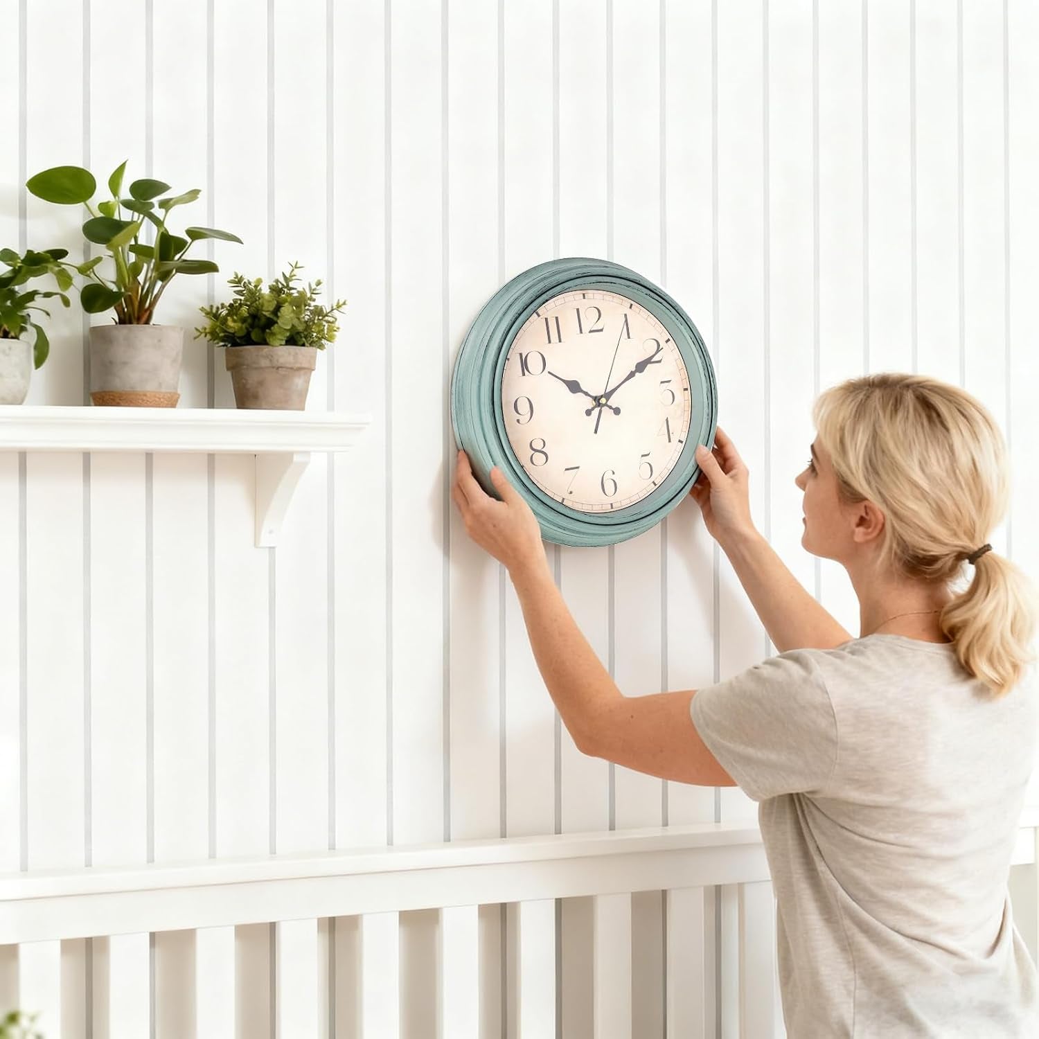Wall Clock, 12 Inch Silent Wall Clocks Vintage Modern Decorative Clock with 3D Numerals, Battery Operated Hanging Wall Clock for Home Kitchen Cafe Hotel Office Decor, Turquoise