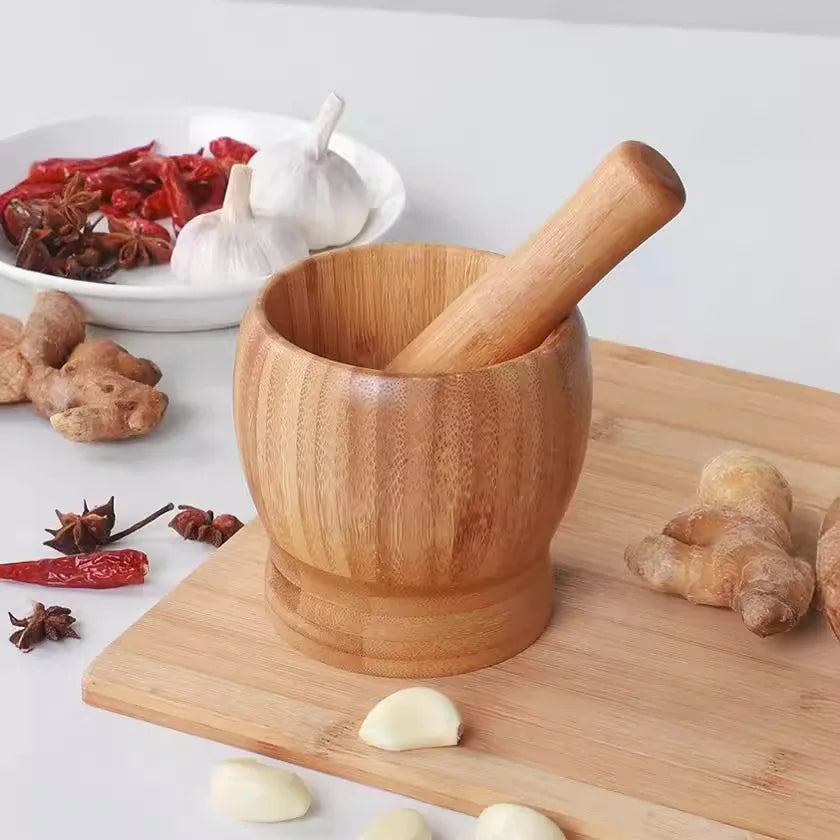Traditional Bamboo Mortar and Pestle Set Garlic Grinder Herb Spice Masher Seasoning Crusher Kitchen Tool for Mash Spices Pepper