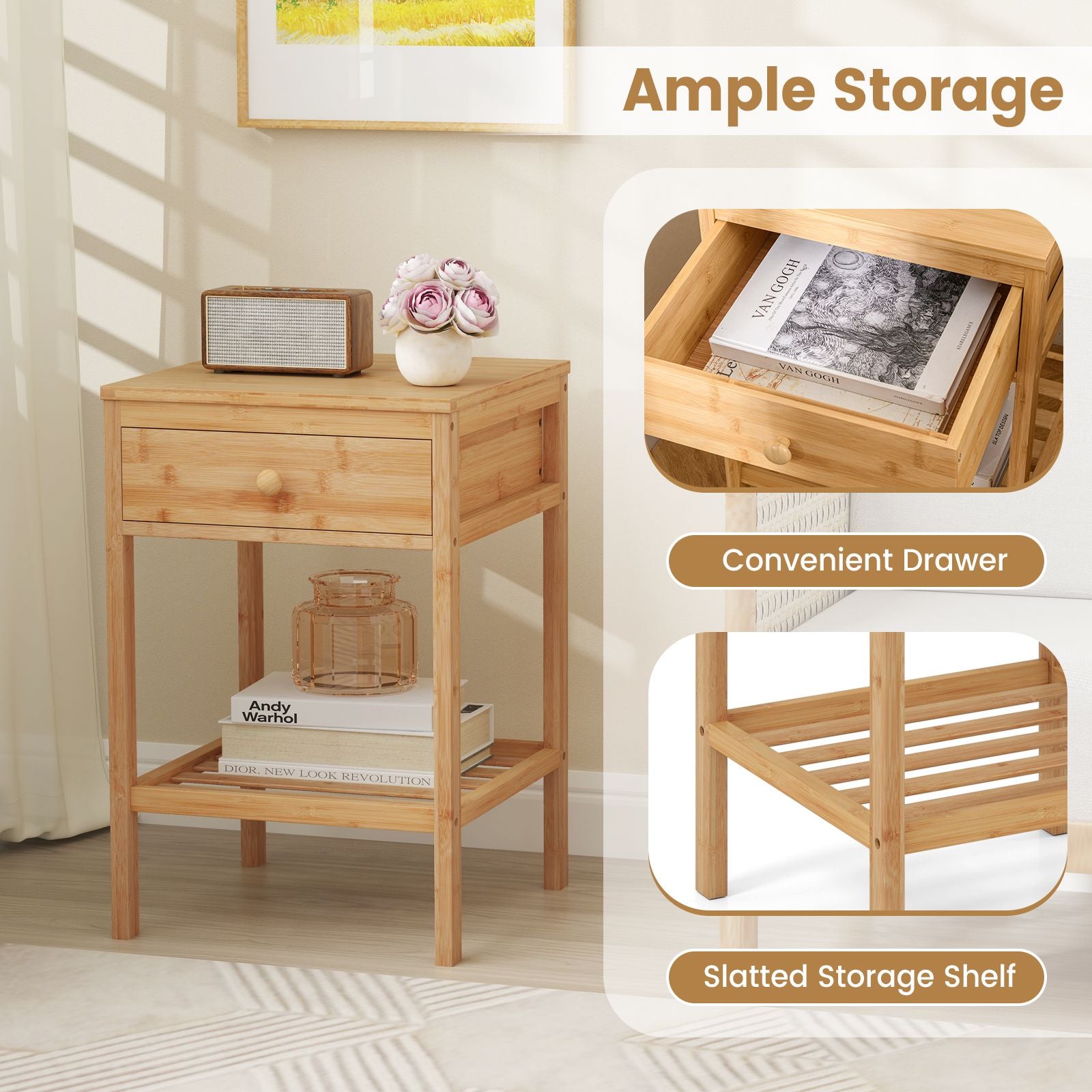 Bamboo Nightstand Bedside Table with Storage Drawer and Open Shelf