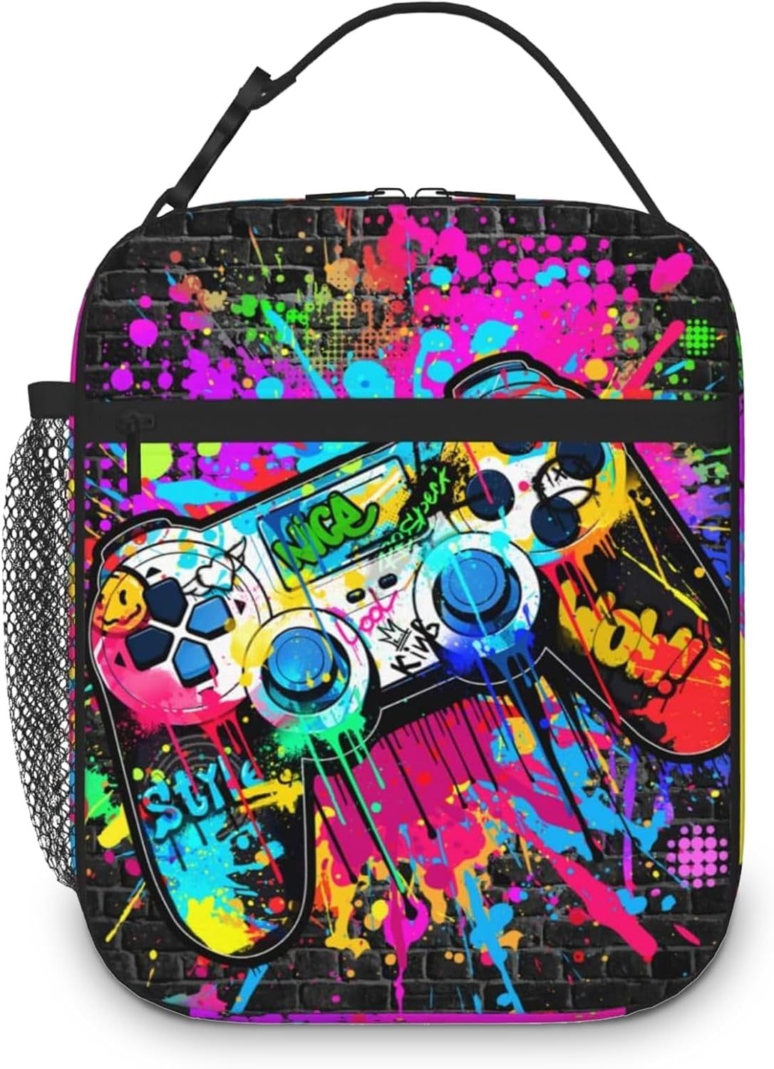 Game Boys Lunch Bag, Graffiti Style Kids Lunch Box, Reusable and Waterproof Lunchbox for Boys, Insulated Lunchbag with Mesh Bag for School, Travel, Picnic (B)
