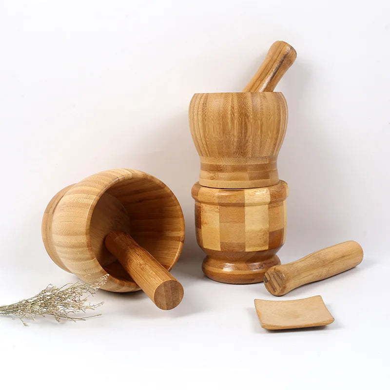 Traditional Bamboo Mortar and Pestle Set Garlic Grinder Herb Spice Masher Seasoning Crusher Kitchen Tool for Mash Spices Pepper