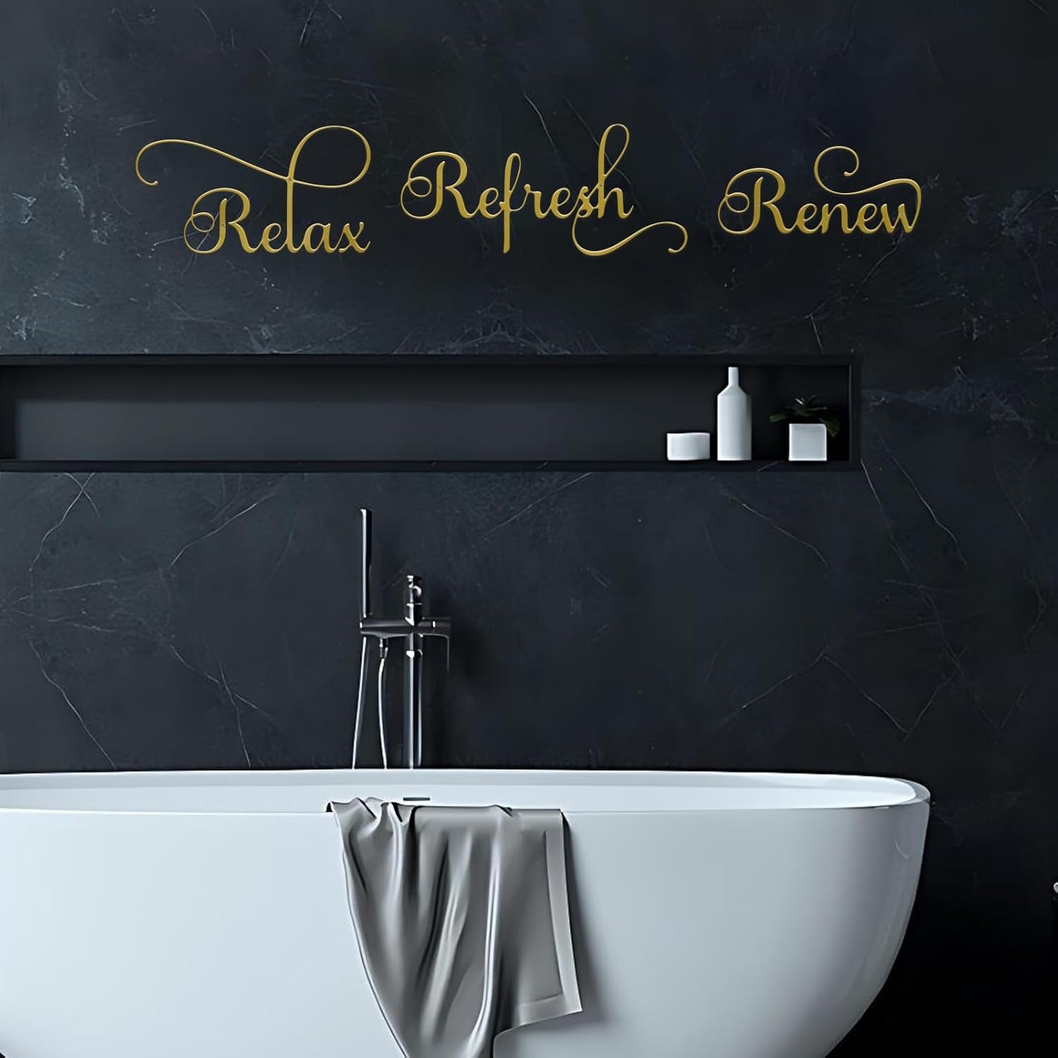 3 Pieces Letter Sign Black Metal Relax Refresh Renew Bathroom Wall Art Metal Black Farmhouse Wall Decorations for Home Living Room Any Room Bathroom Sign (Gold)