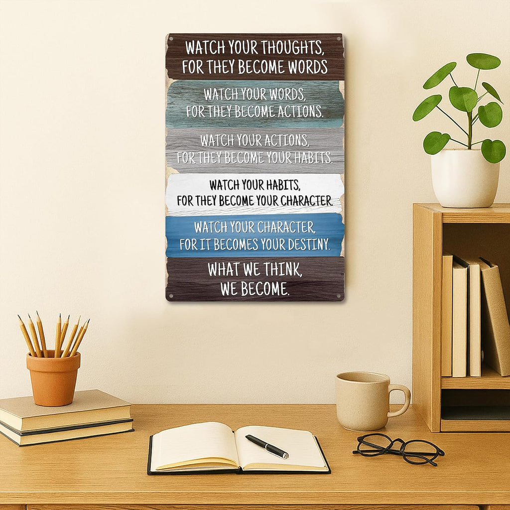 Watch Your Thoughts Metal Wall Sign 8×12 Inch – Inspirational Quote Rustic Wood Style Plaque – Positive Thinking Motivational Wall Art for Home or Office