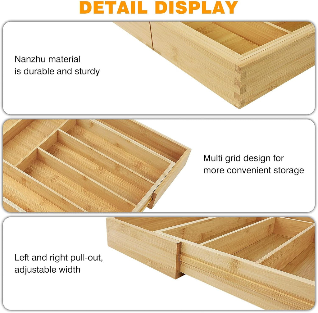 Cutlery Tray Bamboo Drawer Organiser Expandable from 32 X 43Cm to 52 X 43Cm, 5Cm Depth, Waterproof Utensil Holder 6 to 8 Separate Slots for Kitchen, Bedroom, Office