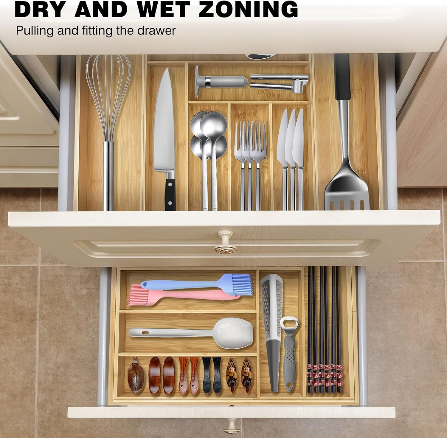 Cutlery Tray Bamboo Drawer Organiser Expandable from 32 X 43Cm to 52 X 43Cm, 5Cm Depth, Waterproof Utensil Holder 6 to 8 Separate Slots for Kitchen, Bedroom, Office