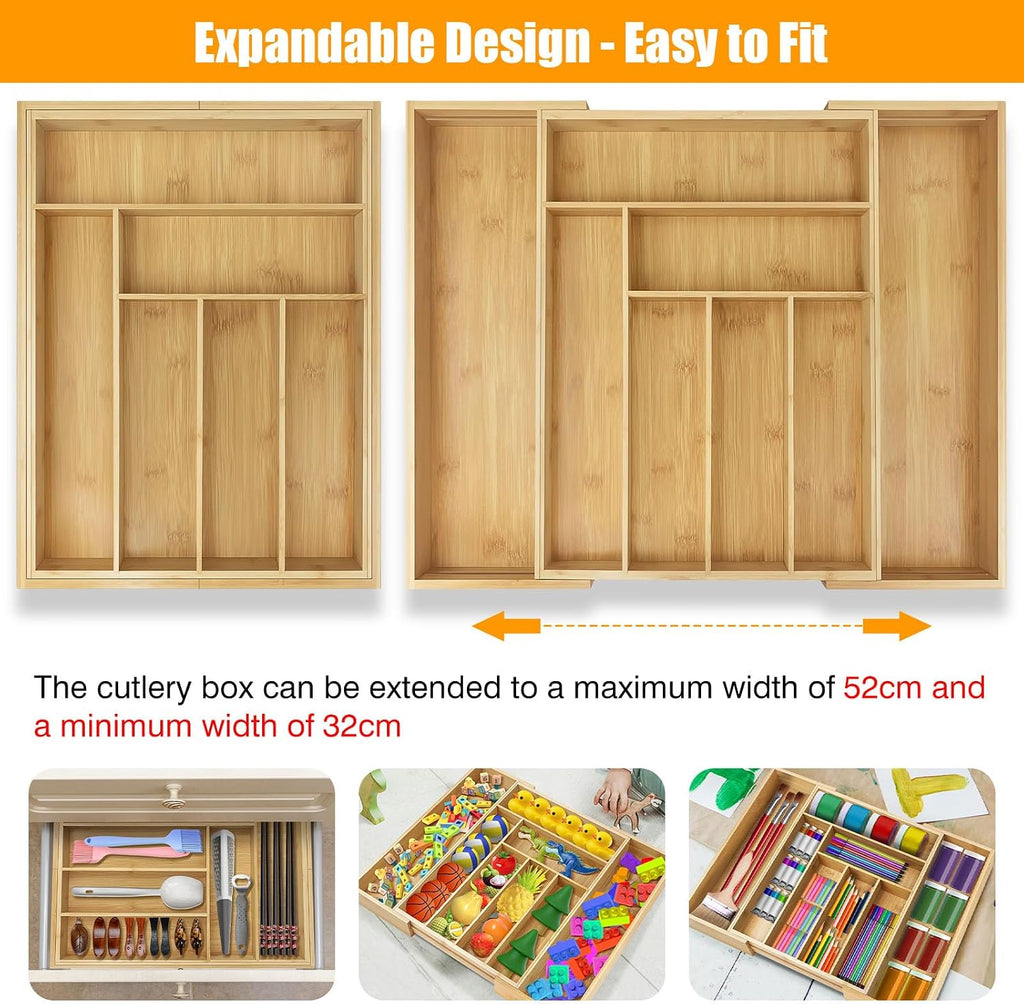 Cutlery Tray Bamboo Drawer Organiser Expandable from 32 X 43Cm to 52 X 43Cm, 5Cm Depth, Waterproof Utensil Holder 6 to 8 Separate Slots for Kitchen, Bedroom, Office