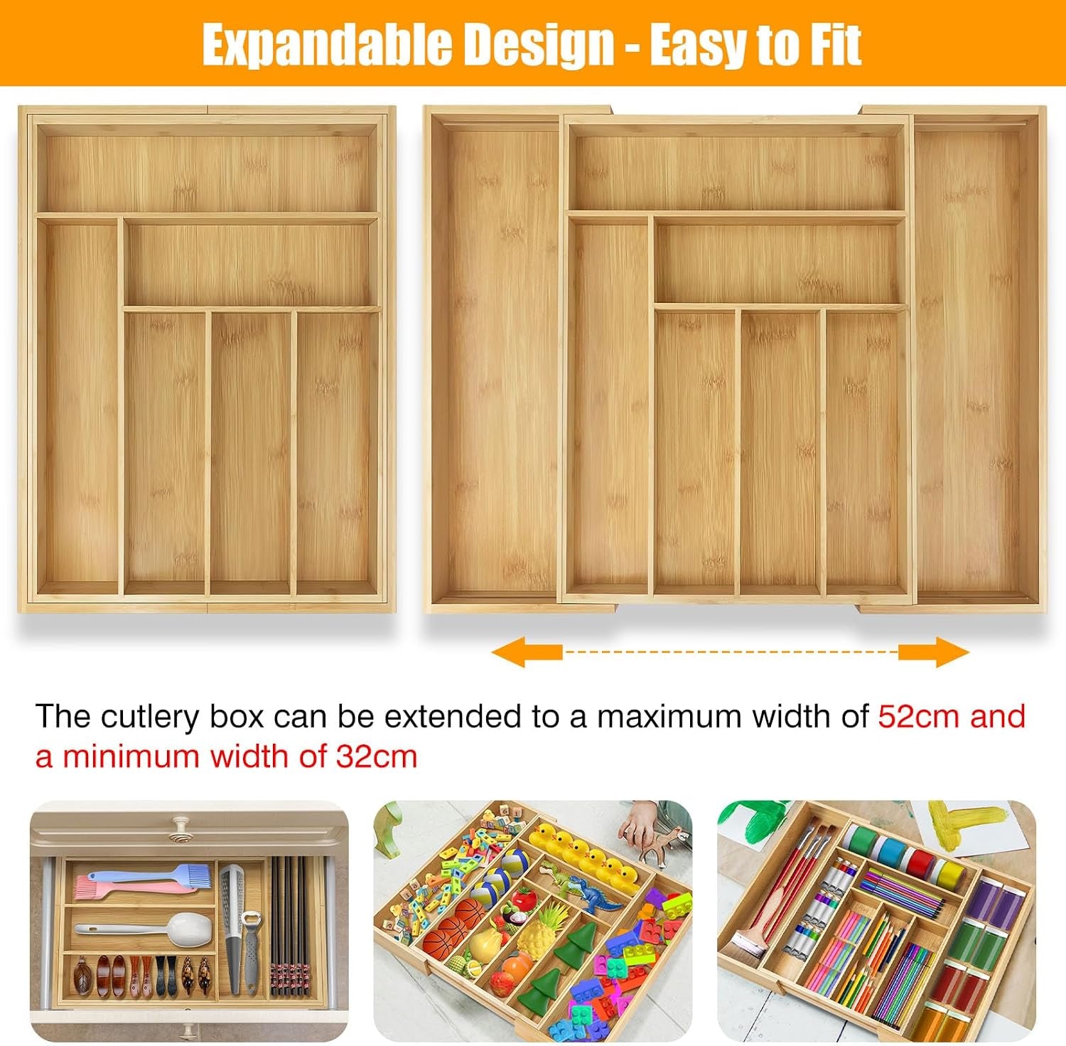 Cutlery Tray Bamboo Drawer Organiser Expandable from 32 X 43Cm to 52 X 43Cm, 5Cm Depth, Waterproof Utensil Holder 6 to 8 Separate Slots for Kitchen, Bedroom, Office