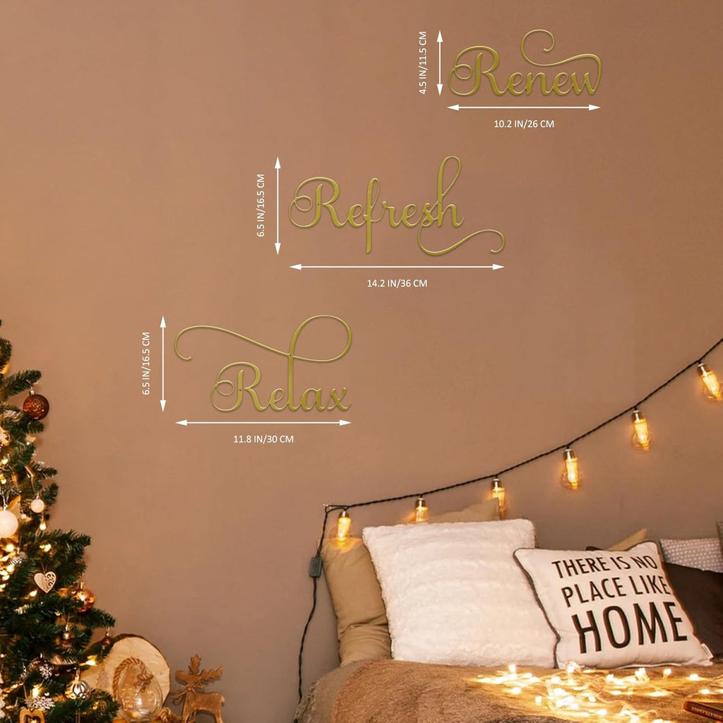 3 Pieces Letter Sign Black Metal Relax Refresh Renew Bathroom Wall Art Metal Black Farmhouse Wall Decorations for Home Living Room Any Room Bathroom Sign (Gold)