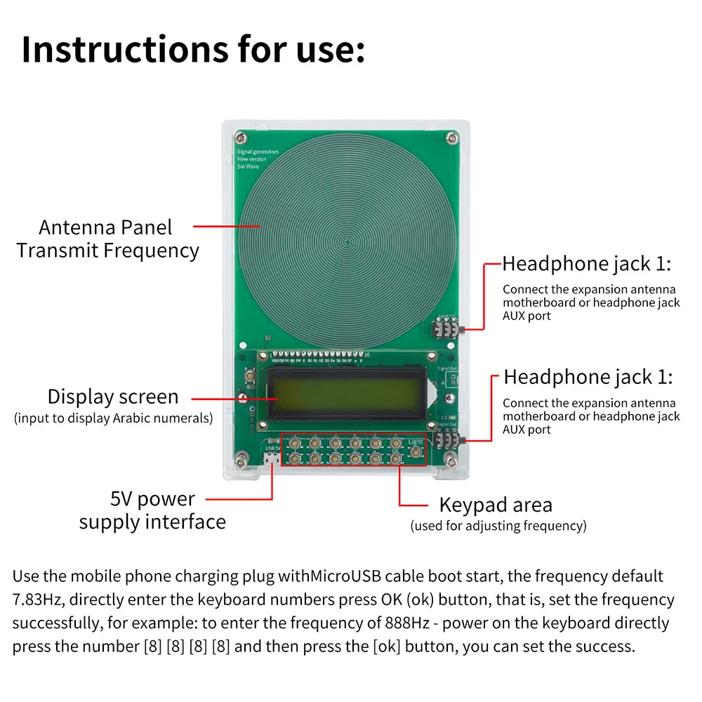 DC 5V Adjustable Frequency Schumann Wave Generator (0.1-99999Hz) Sine Wave Can Be Connected to External Antenna & Micro USB