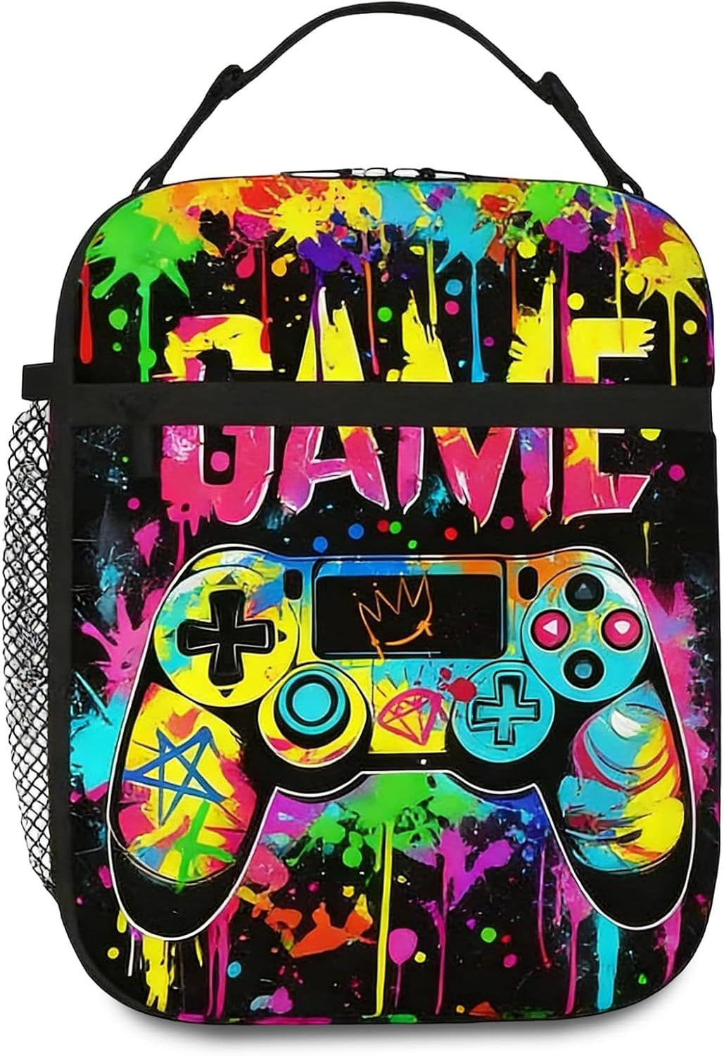 Game Boys Lunch Bag, Graffiti Style Kids Lunch Box, Reusable and Waterproof Lunchbox for Boys, Insulated Lunchbag with Mesh Bag for School, Travel, Picnic (B)
