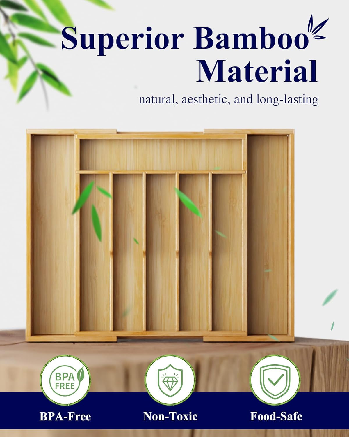 Silverware Organizer - Expandable Bamboo Kitchen Drawer Organizer, Adjustable Cutlery Tray for Kitchen Storage & Organisation, 33.6 X 4.5 X 29.0-47.0 Cm