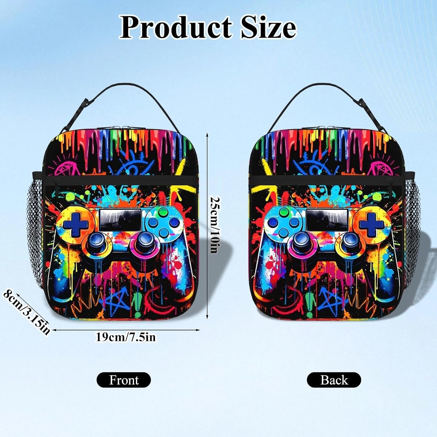 Game Boys Lunch Bag, Graffiti Style Kids Lunch Box, Reusable and Waterproof Lunchbox for Boys, Insulated Lunchbag with Mesh Bag for School, Travel, Picnic (B)