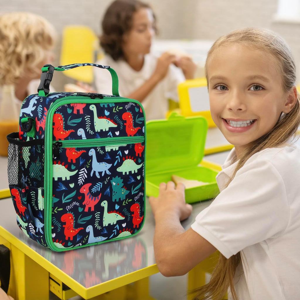 Kids Lunch Bag, Reusable Lunch Bag with Adjustable Strap, Insulated Picnic Bag (Dinosaur)