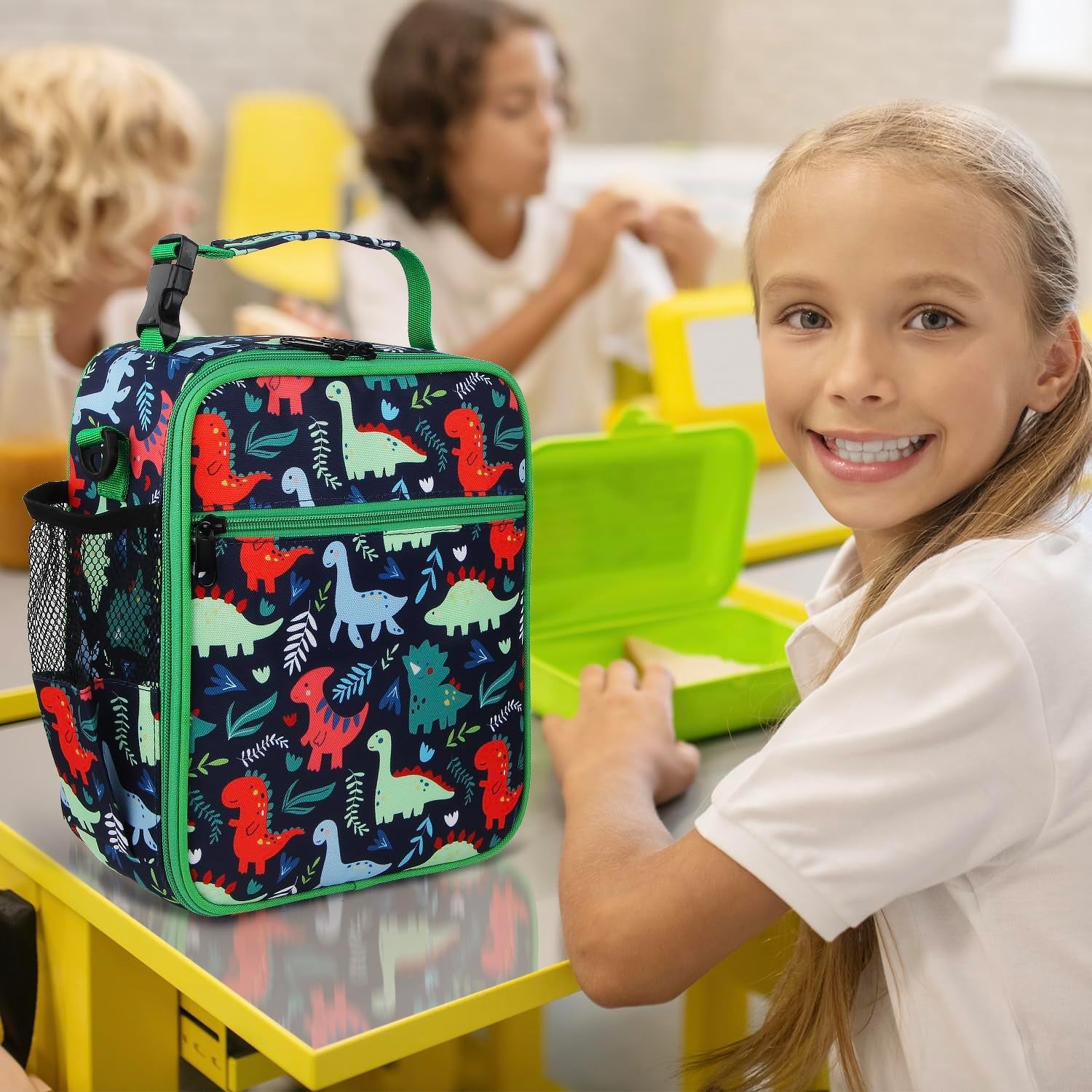 Kids Lunch Bag, Reusable Lunch Bag with Adjustable Strap, Insulated Picnic Bag (Dinosaur)