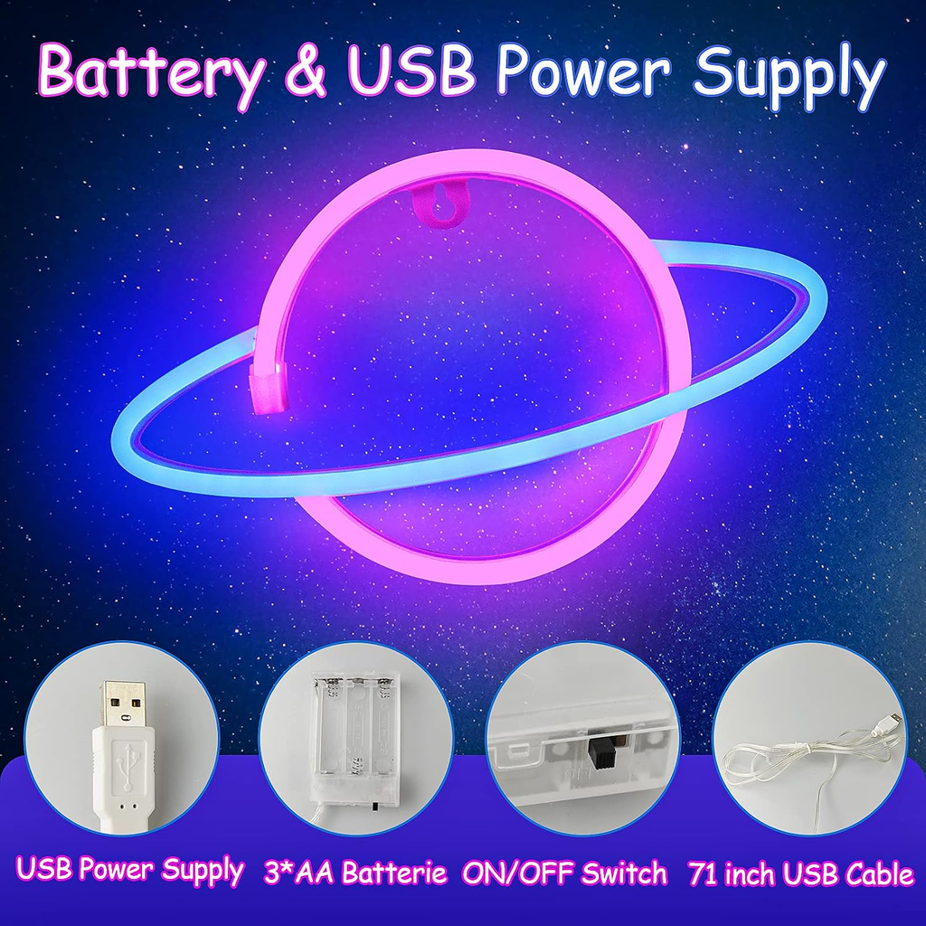 Planet Neon Signs,  Led Neon Light Sign Powered by Battery or USB (Blue&Pink)