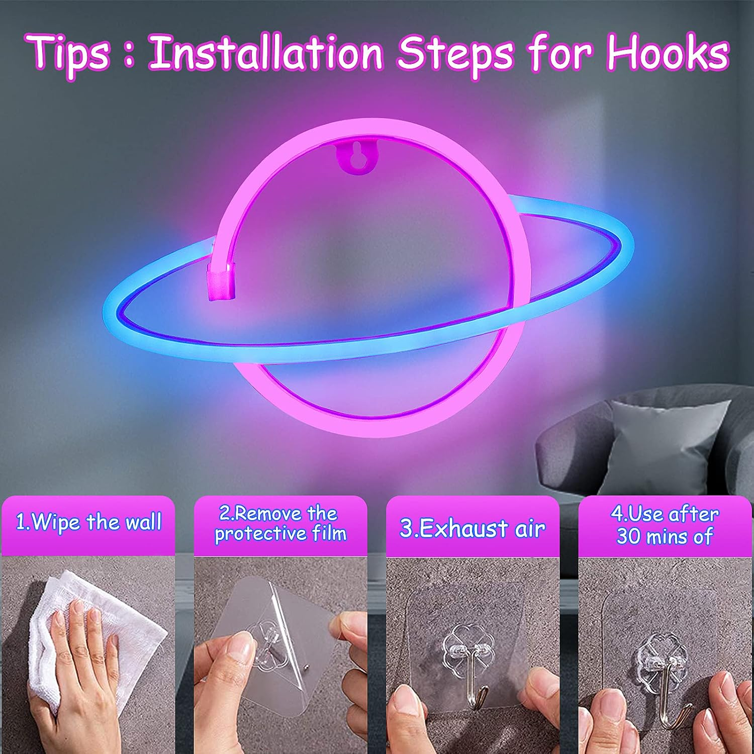 Planet Neon Signs,  Led Neon Light Sign Powered by Battery or USB (Blue&Pink)