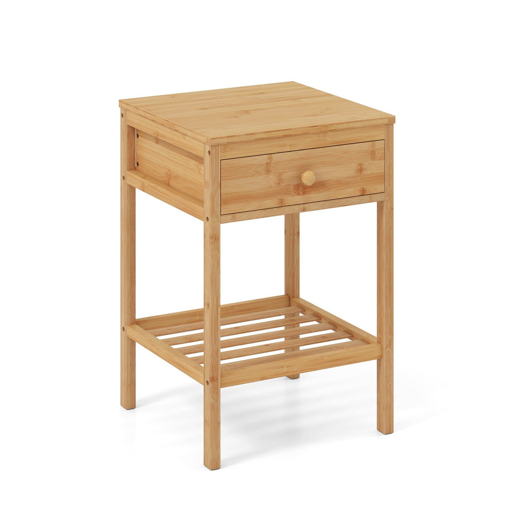 Bamboo Nightstand Bedside Table with Storage Drawer and Open Shelf