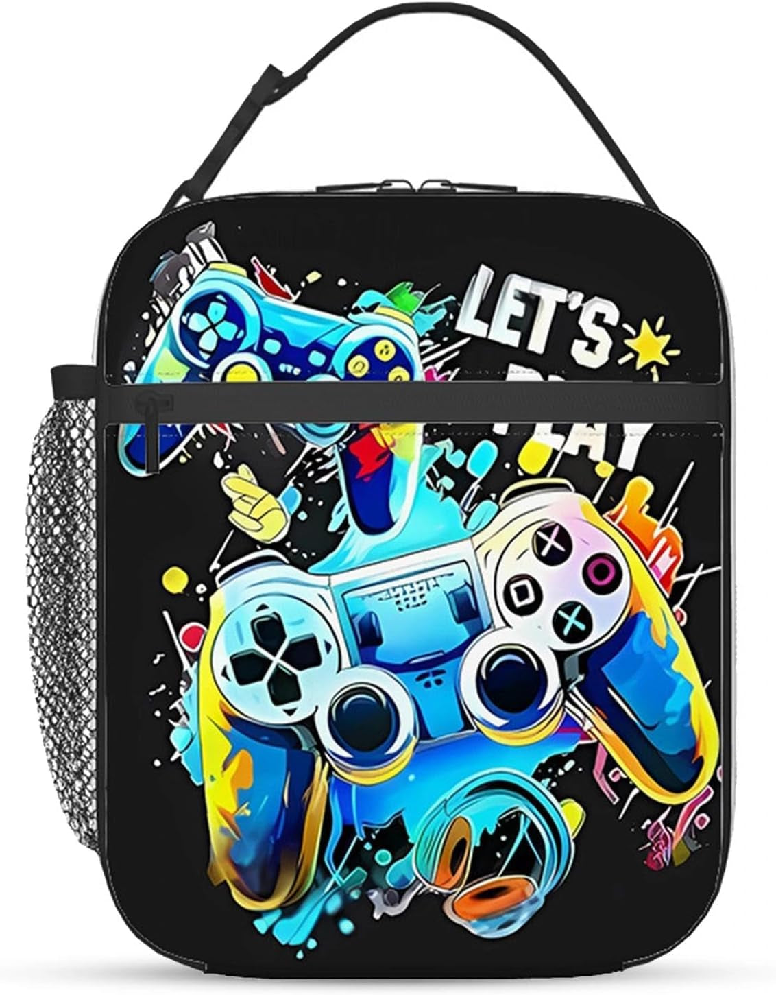 Game Boys Lunch Bag, Graffiti Style Kids Lunch Box, Reusable and Waterproof Lunchbox for Boys, Insulated Lunchbag with Mesh Bag for School, Travel, Picnic (B)