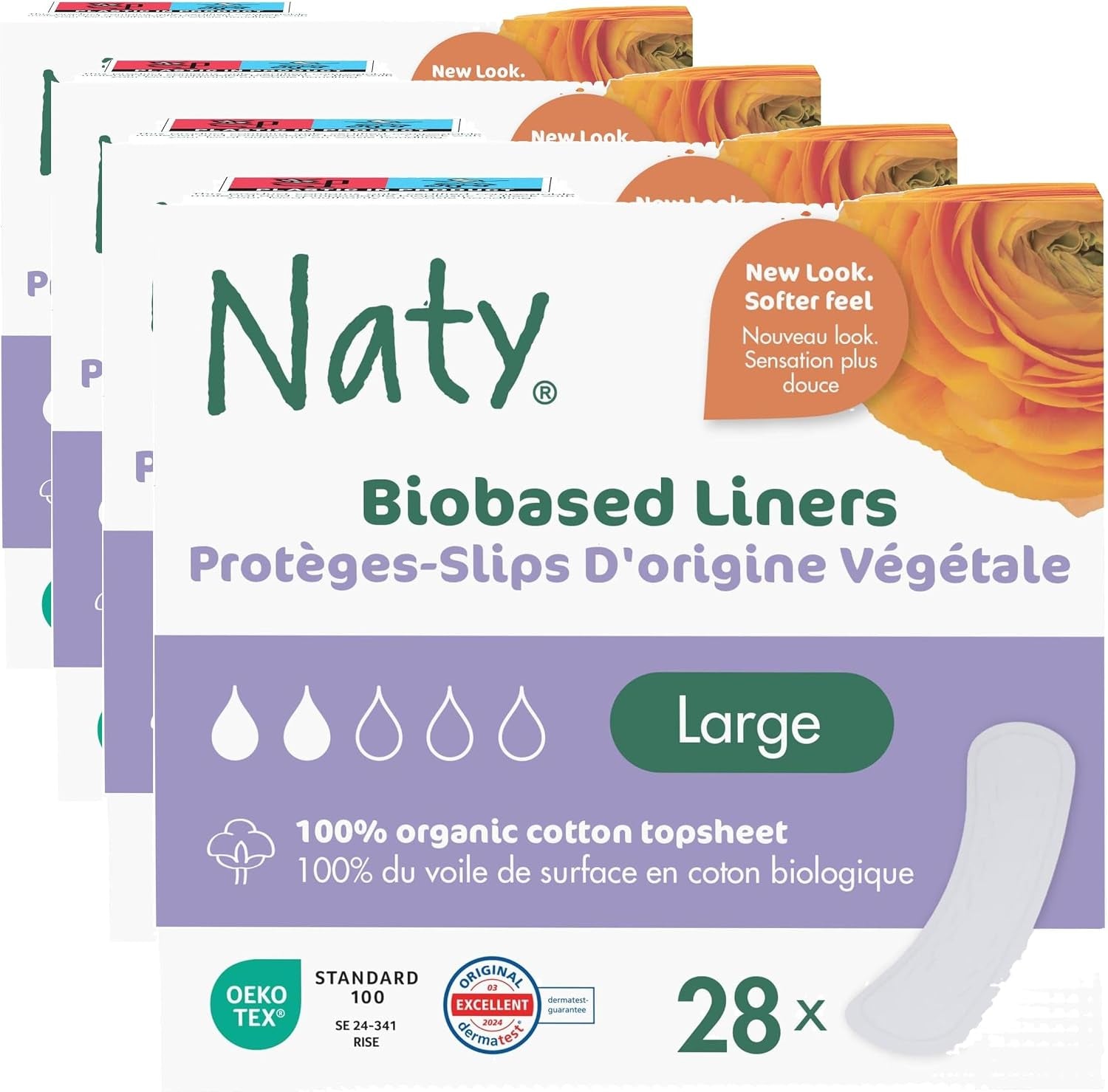 Panty Liners Large Wrapped | 100% Certified Organic Cotton Top Sheet| Certified Skin-Safe | Unscented, 0% Conventional Plastic | Comfortable & Breathable | 28 Liners