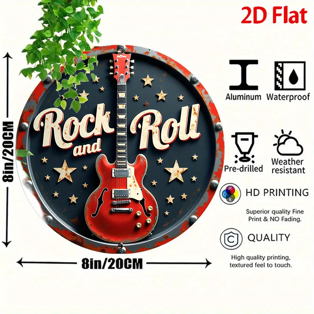 2D Flat - 1Pc Retro Rock 'N' Roll Aluminum Tin Sign Wall Art - 8X8 Inch Vintage round Metal Plaque with Red Electric Guitar & St